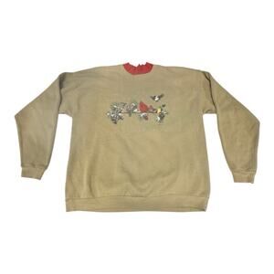 Vintage Pleasant Shade Tan Sweatshirt L Winter Birds Snowy Red Collar Xmas